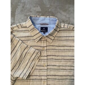Ben Sherman Shirt Mens XL Beige Blue Stripe Linen Rayon Short Sleeve‎ Button Up